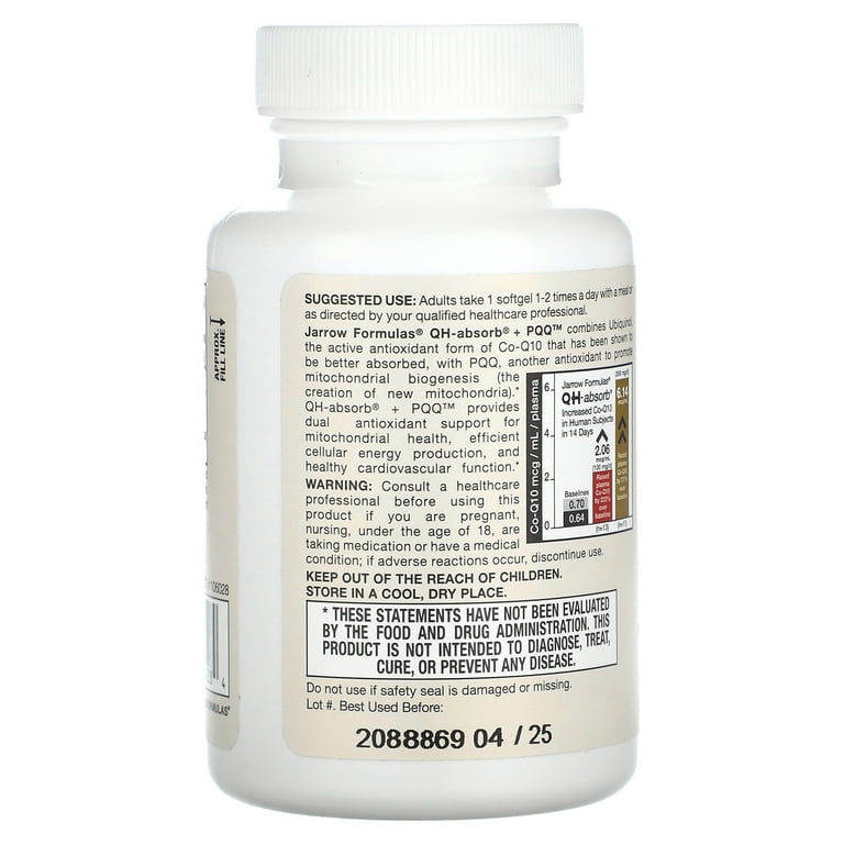 Jarrow Formulas Health-Boosting QH-Absorb + PQQ, Ubiquinol Antioxidant  Softgels, 60 Count - Walmart.com