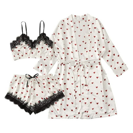 GuessLookry 2023 Great Womens 3PC Lingerie Women Cute Heart Print Satin Belted Robe Camisole Shorts Pajamas New Year Gift