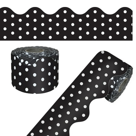 Carson Dellosa 65' Black with White Polka Dots Rolled Scalloped Bulletin Board Borders (1 roll)