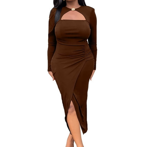 UTSJKR Women's Midi Bodycon Dress Long Sleeve Sundress 2024 Fashion Solid Hollowed Crew Neck Dress Pleated Slim Fit Flowy Split Evening Party Dress Brown S