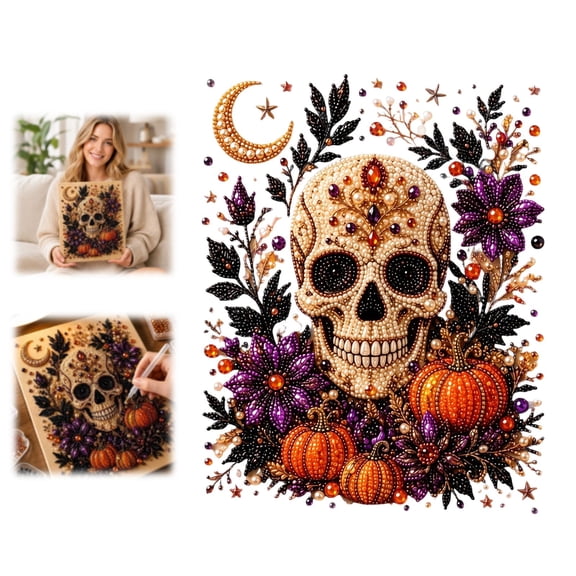 3D Halloween Skull Pearl Art Craft Kit, Sparkling Diamond Painting for Adult Beginner, Spooky Fall Home Wall Decor Artwork Piece, Relaxing DIY Gift for Family Holiday Party