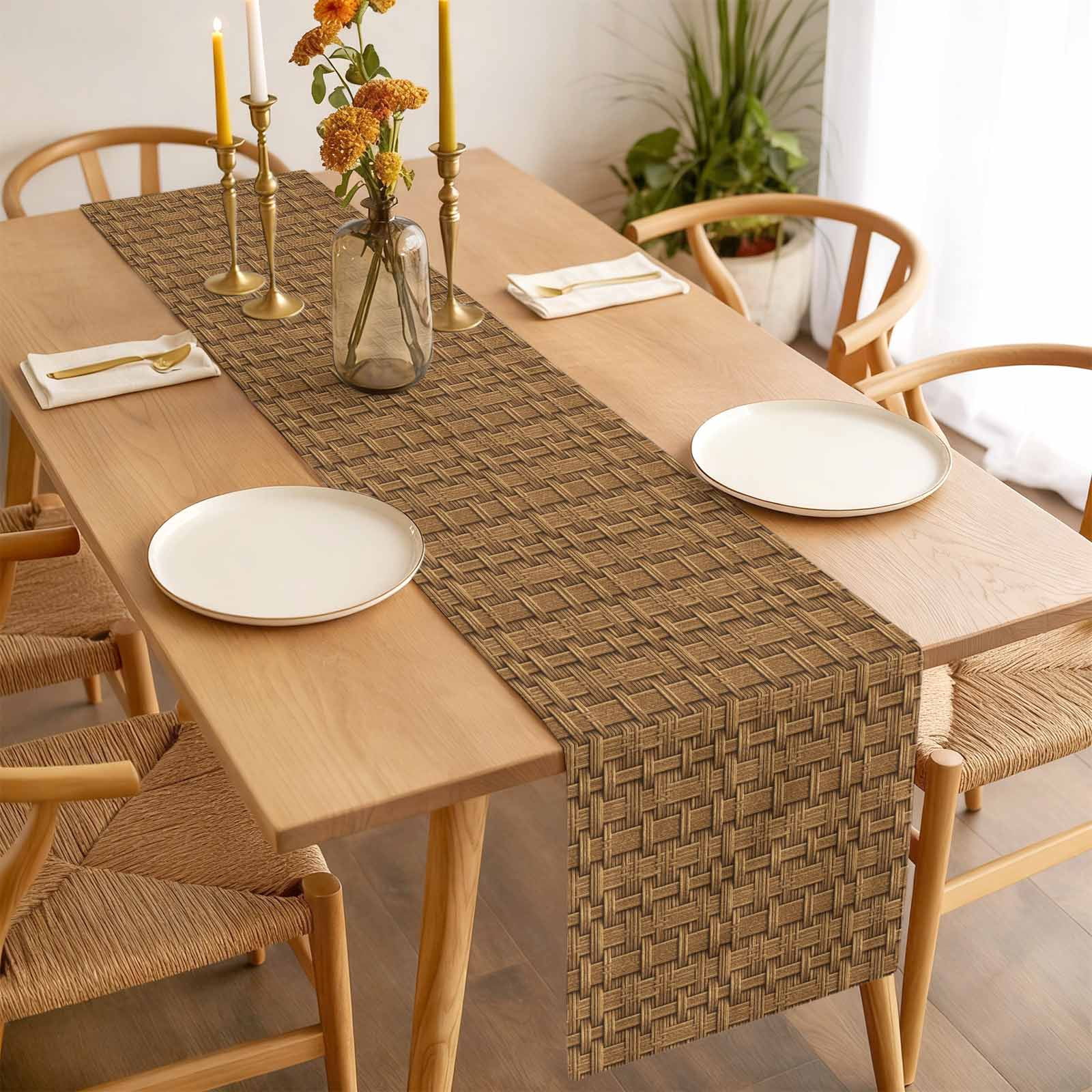 Vintage Rattan Table Runner - 60 Inch Long Minimalist Abstract Wicker Texture Brown Cotton and Linen Blended Dress Scarves Farmhouse Table Runner for Kitchen Dining, Coffee Table, 13" x 60"