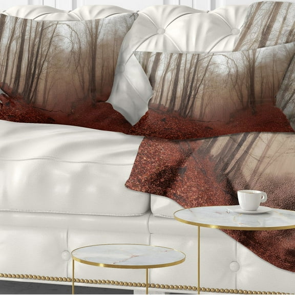 Designart Red Leaves in Foggy Fall Forest - Landscape Photography Throw Pillow - 12x20