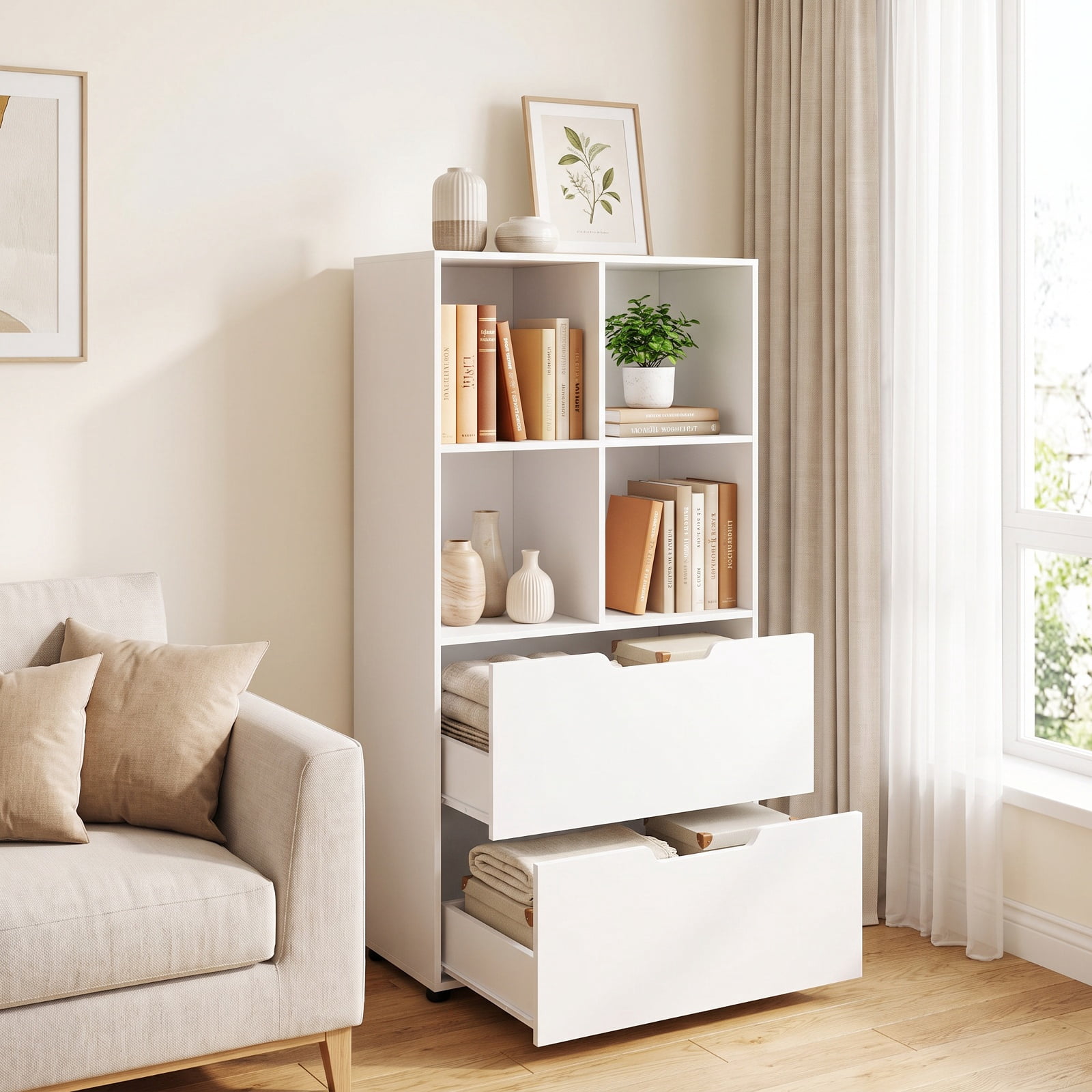 Furnibear 4-Cube Bookcase with 2 Drawers 51 inch 5-Tier Tall Freestanding Bookshelf for Living Room Home Office Bedroom Display Storage Shelf, White