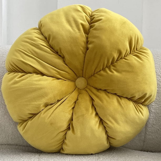 Xiao Hua Cojines redondos de terciopelo de color liso para silla, sofá, cojín plisado redondo con diseño de calabaza para decoración del hogar, cama, coche, suelo (amarillo, 38 cm de diámetro)