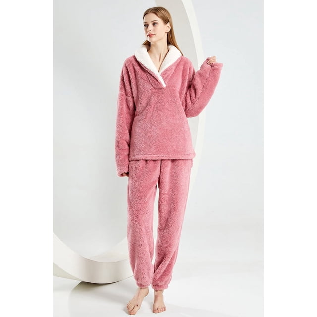 Pijama de mujer independiente de invierno con cuello en V y manga larga engrosada