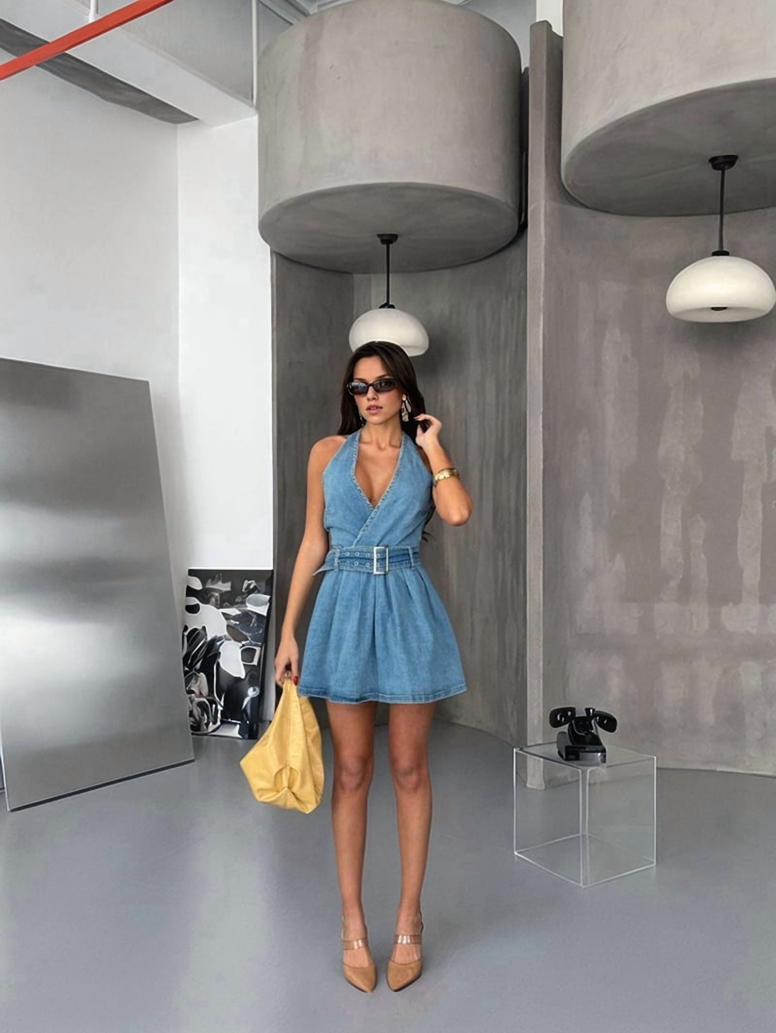 Halter Denim Mini Dress for Women Sleeveless Deep V Neck Backless Jean Dresses with Belted Blue L