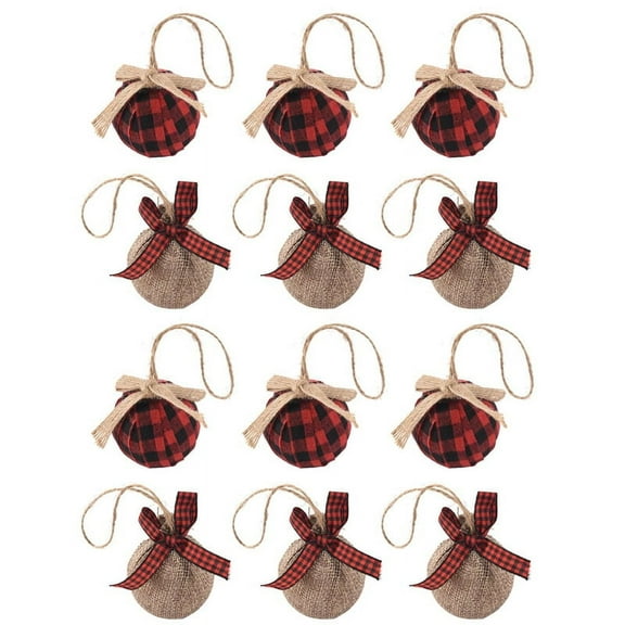 Christmas Tree Ornaments, 12 Pcs 2-1/2 Inches Red Black Check Plaid Stitching Burlap Christmas Decorations