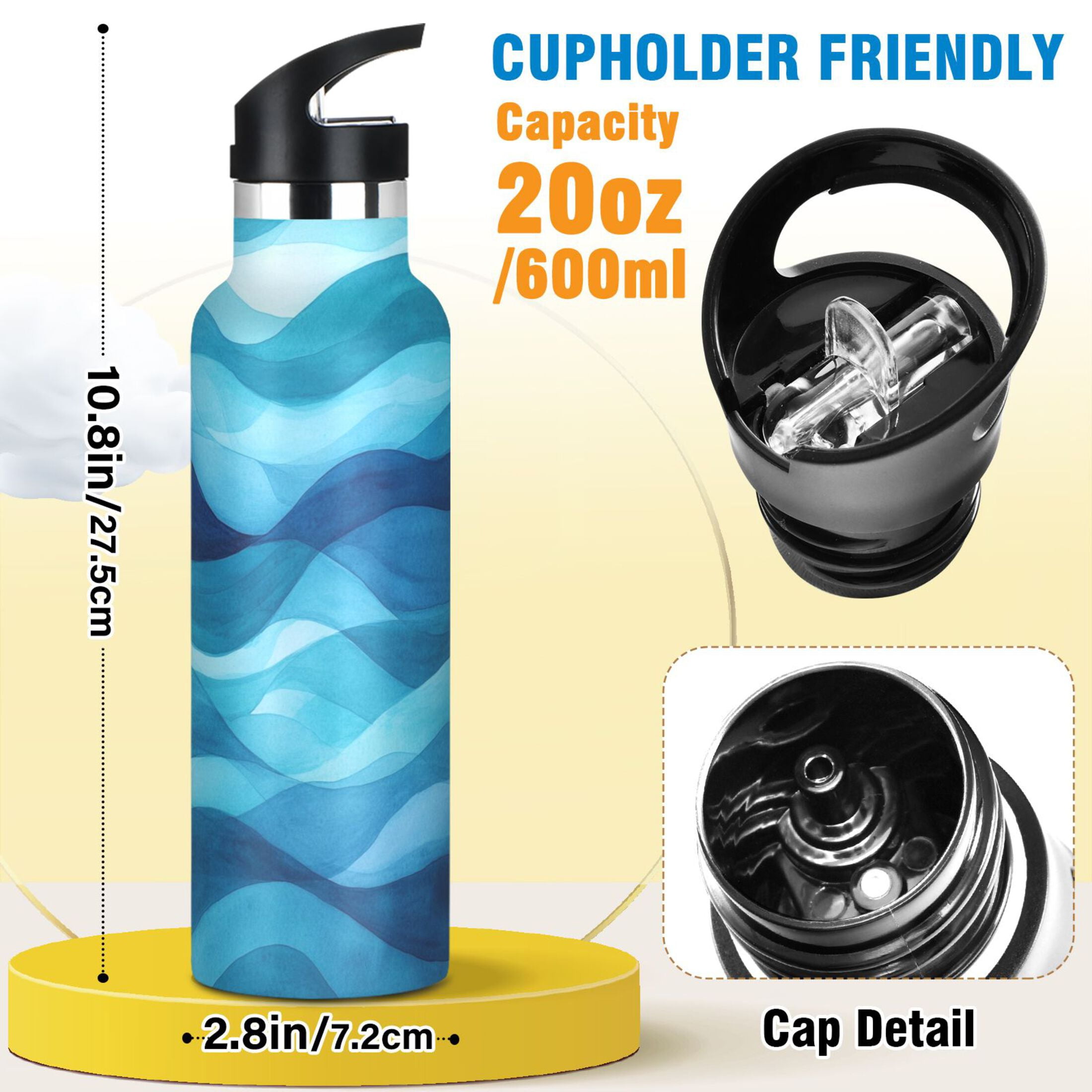 600ML Stainless Steel Insulated Cup Sports Water Bottle Portable Thermos Cup Water Glasses Insulated Tumblers Convenient and Durable Beautiful Blue Sea