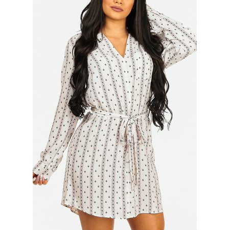 Womens Juniors Casual Everyday Summer Lightweight Multi Tribal Print Belted V Neck Roll-Up Long Sleeve White Above Knee Shirtdress Dress