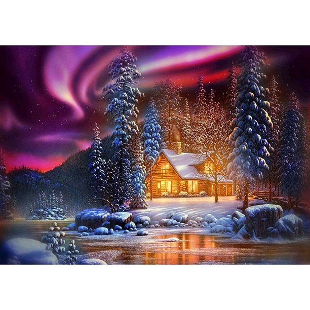 Pintura de diamante (DE2237) Kit de bricolaje Casa de nieve nocturna 5D Cuadro de diamantes de imitación redondo completo 20X30cm Hugtrwg Para estrenar
