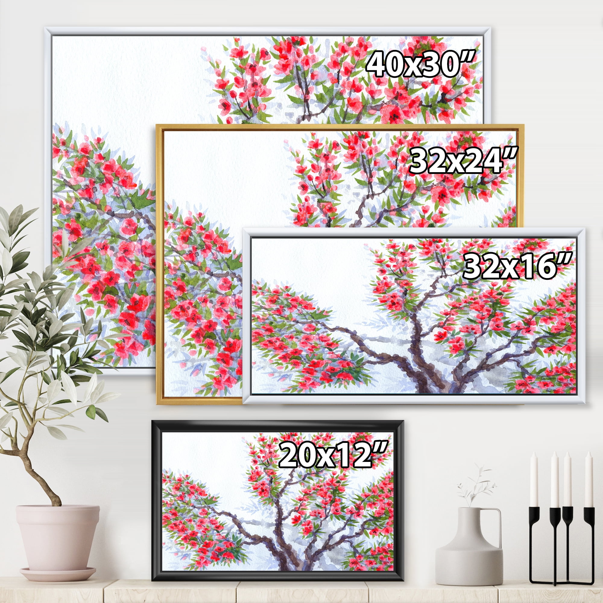 Designart 'Abstract Red Flowers of Spring Tree' Traditional Framed Canvas Wall Art Print