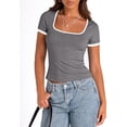 thumbnail image 3 of Womens Summer Casual Short Sleeve Ribbed Knit Square Neck Color Block Slim Fit Basic Crop Tops, 3 of 9