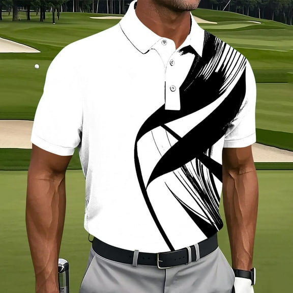 SYMOID Men's Athletic Polo Shirt - Polyester Spandex Blend, Quick-Drying, White Abstract Print for Golf/Casual, Size S