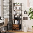 thumbnail image 5 of Rustic Brown 5-Tier Leaning Ladder Shelf With 2 Drawers Narrow Storage Bookcase For Bedroom Living Room Office, 5 of 8