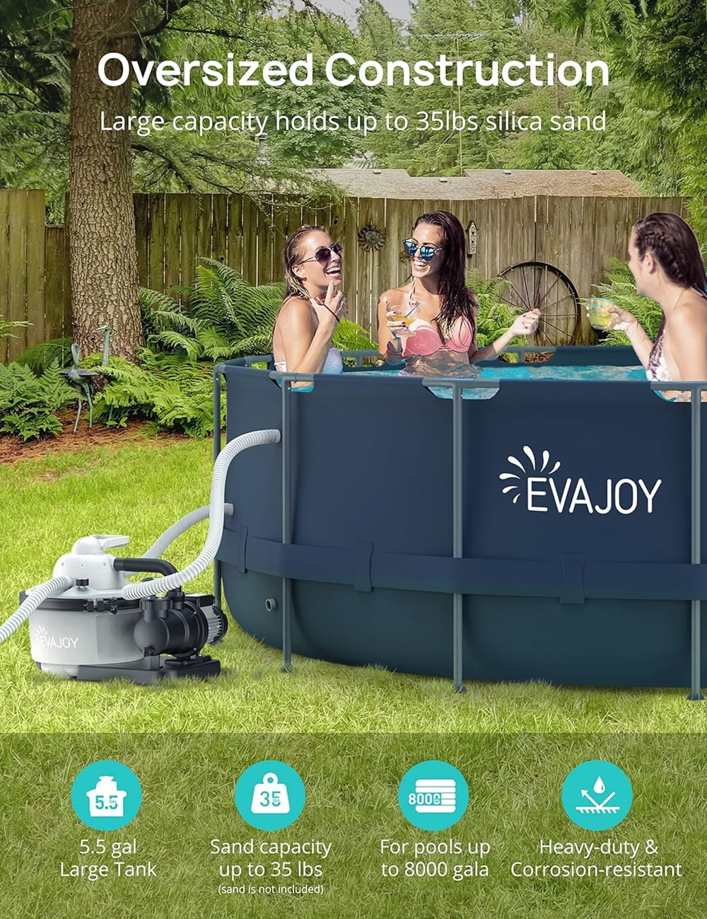 EVAJOY Sand Filter Pool Pump 2000GPH for Above Ground Swimming Pool