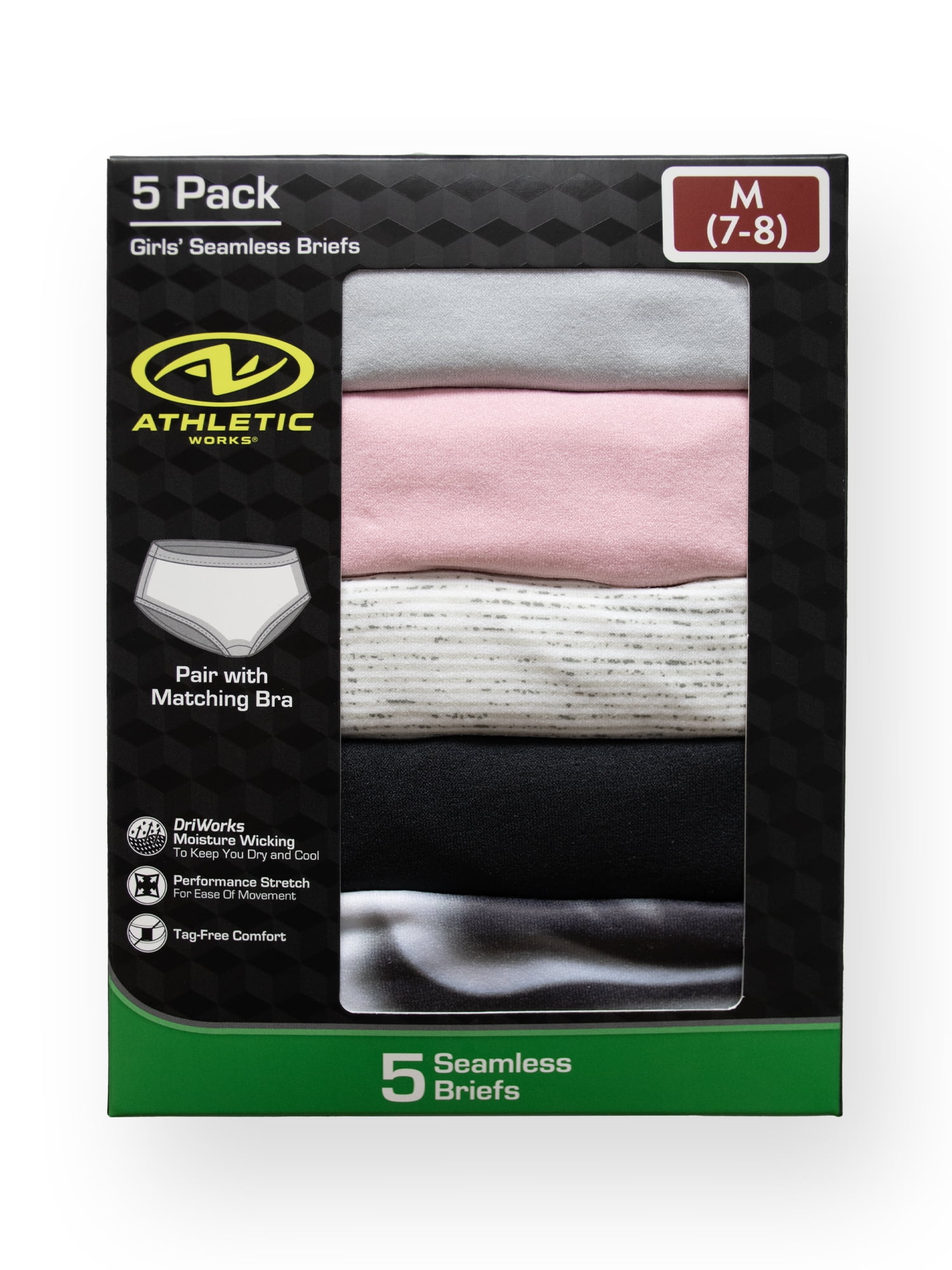 Athletic Works Girls Seamless Brief Underwear, 5-Pack, Sizes