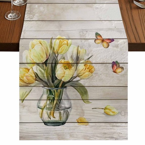 Table Runners 108 Inches Long Dress Scarves, Yellow Tulip Farmhouse Coffee/Dining/Kitchen Table Runner for Living Room, Vintage Spring Floral Retro Art Butterfly Wooden 13x108 Inch
