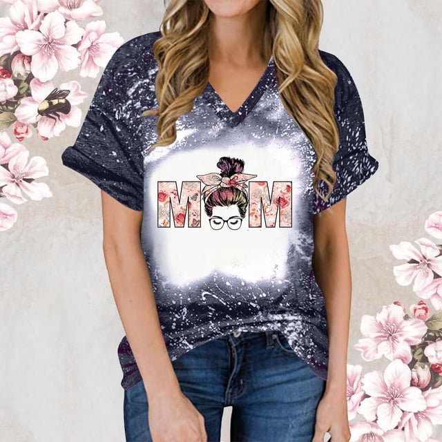 Fiudx Ofertas Flash Del Día Top de Manga Corta con Estampado Degradado para Mujer, Top Sexy de Verano con Cuello En V y Estampado Regular para El Día Del Mes
