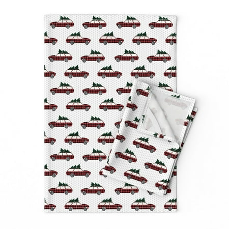 

Printed Tea Towel Linen Cotton Canvas - Christmas Wagon Red Green Plaid Plaids Trees Car Tree Holiday Winter Print Decorative Kitchen Towel by Spoonflower