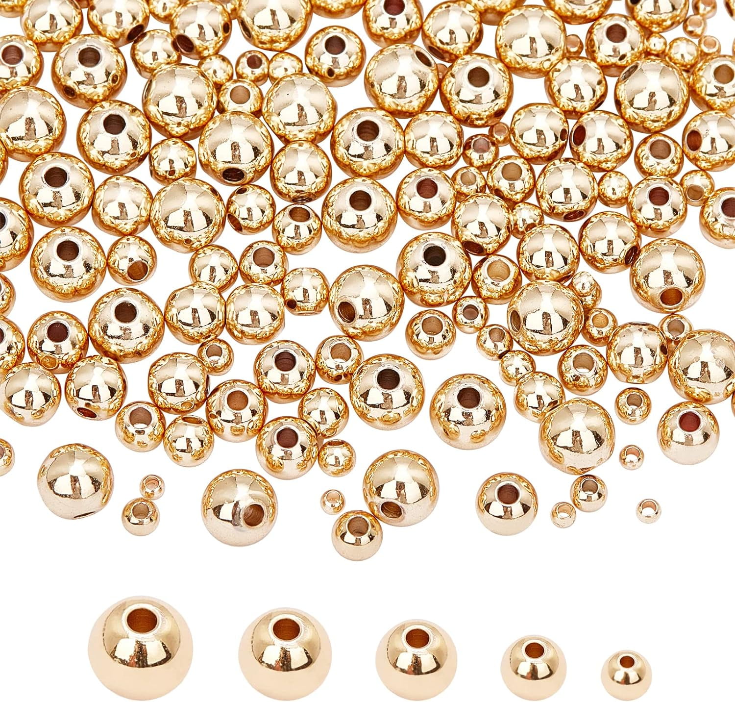 3 Size 14K Gold Plated Beads 180pcs 3mm 4mm 6mm Smooth Round Metal Spacer Beads Seamless Gold Ball Brass Beads for Jewelry Making Bracelet, Adult