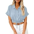 thumbnail image 2 of Otntypg Womens Cropped Button Down Linen Hawaiian Shirts Lightweight Casual Oversized Crop Tops Cute Summer Beach Drawstring Hem Roll Up Short Sleeve Collared Blouse with Pockets Light Blue S, 2 of 7