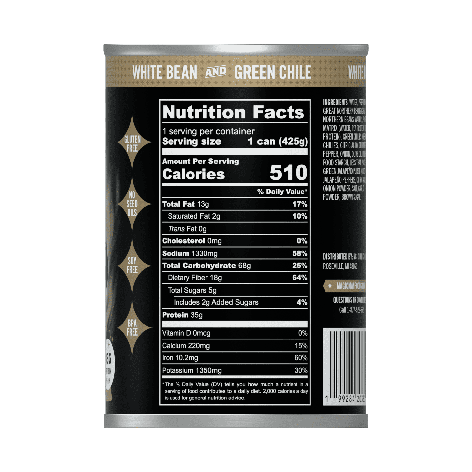 Magic Man Plant Based White Bean Green Chile Chili, 15oz Can, Vegan, Gluten free, Soy free, Seed Oil free