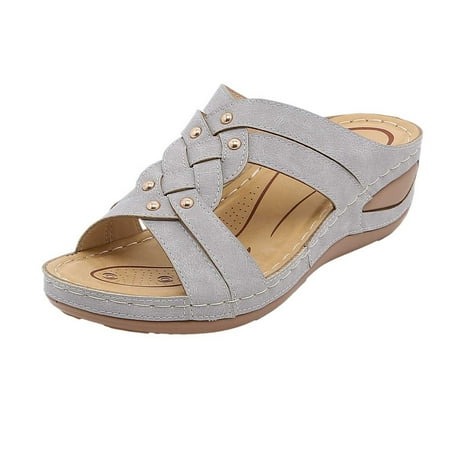 

YanHoo Leather Sandals Women Dressy Summer 2023 Peep Toe Platform Sandals Shoes Beach Wedges Ladies Flip Flops Orthopedic Sandals