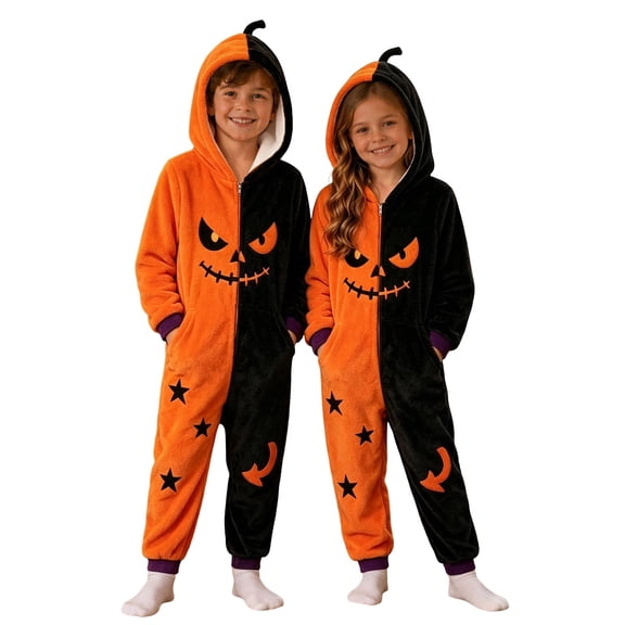 Weebloom Halloween Kids Pumpkin Hooded Onesie Pajamas Funny Flannel Romper For Cozy Role Play Outfit Pjs Loungewear For Boys Girls Orange 4-5 Years
