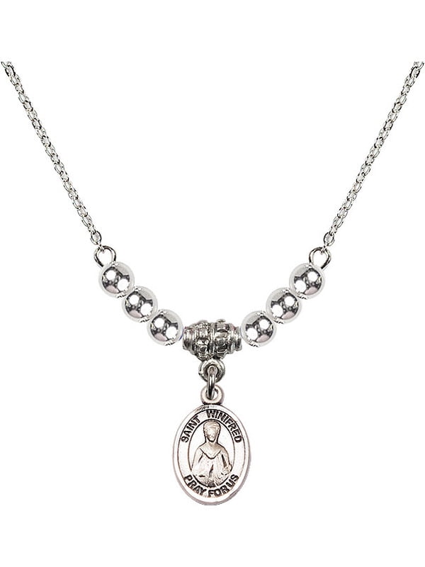 18-Inch Rhodium Plated Necklace with 4mm Sapphire Birthstone Beads and Sterling Silver Saint Winifred of Wales Charm. 18-Inch Rhodium Plated Necklace with 4mm Sapphire Birthstone Beads and Sterling Silver Saint Winifred of Wales Charm.