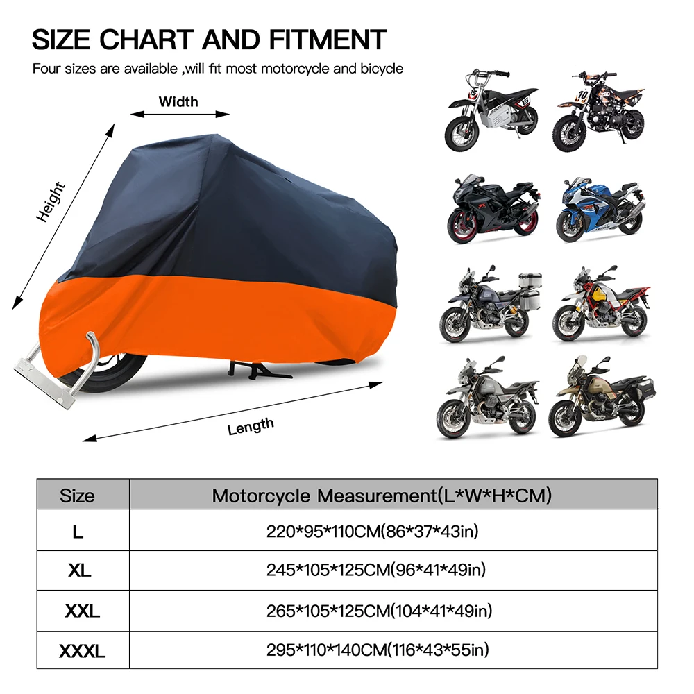 Motorcycle Cover, All Season Waterproof Outdoor Dustproof Durable Vehicle Cover with Lock Holes Fits for Harley Davidson, Honda, Suzuki,Yamaha and More
