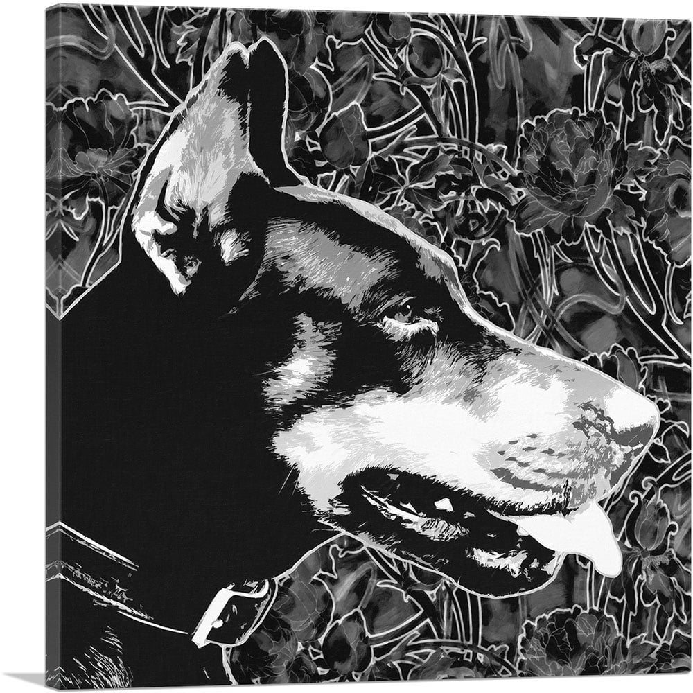 ARTCANVAS Doberman Dog Breed Black White Floral Pattern Canvas Art