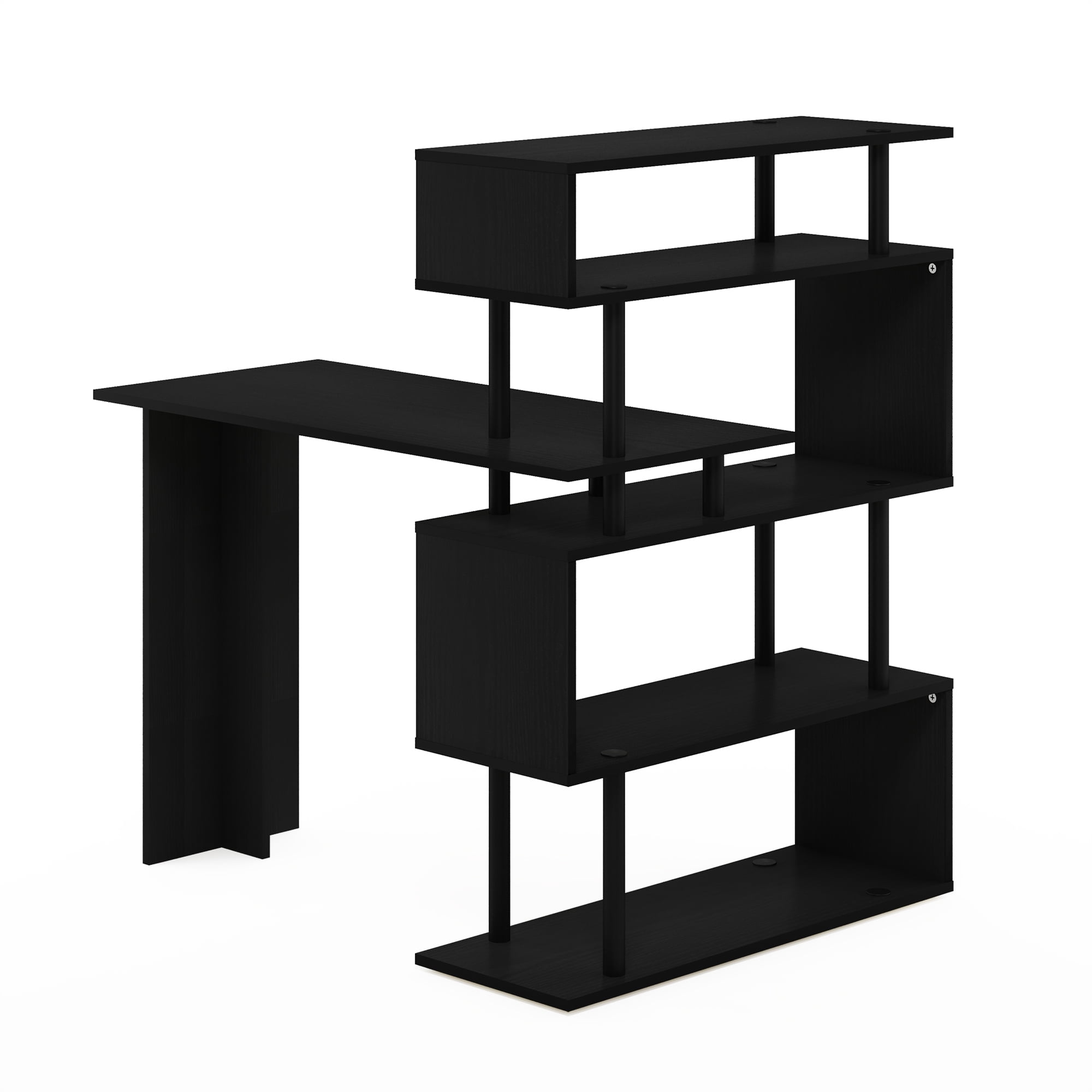 Furinno Classic L-Shape Computer Desk, Writing Desk with 5-Tier S-Shaped Side Shelves, Americano/Black