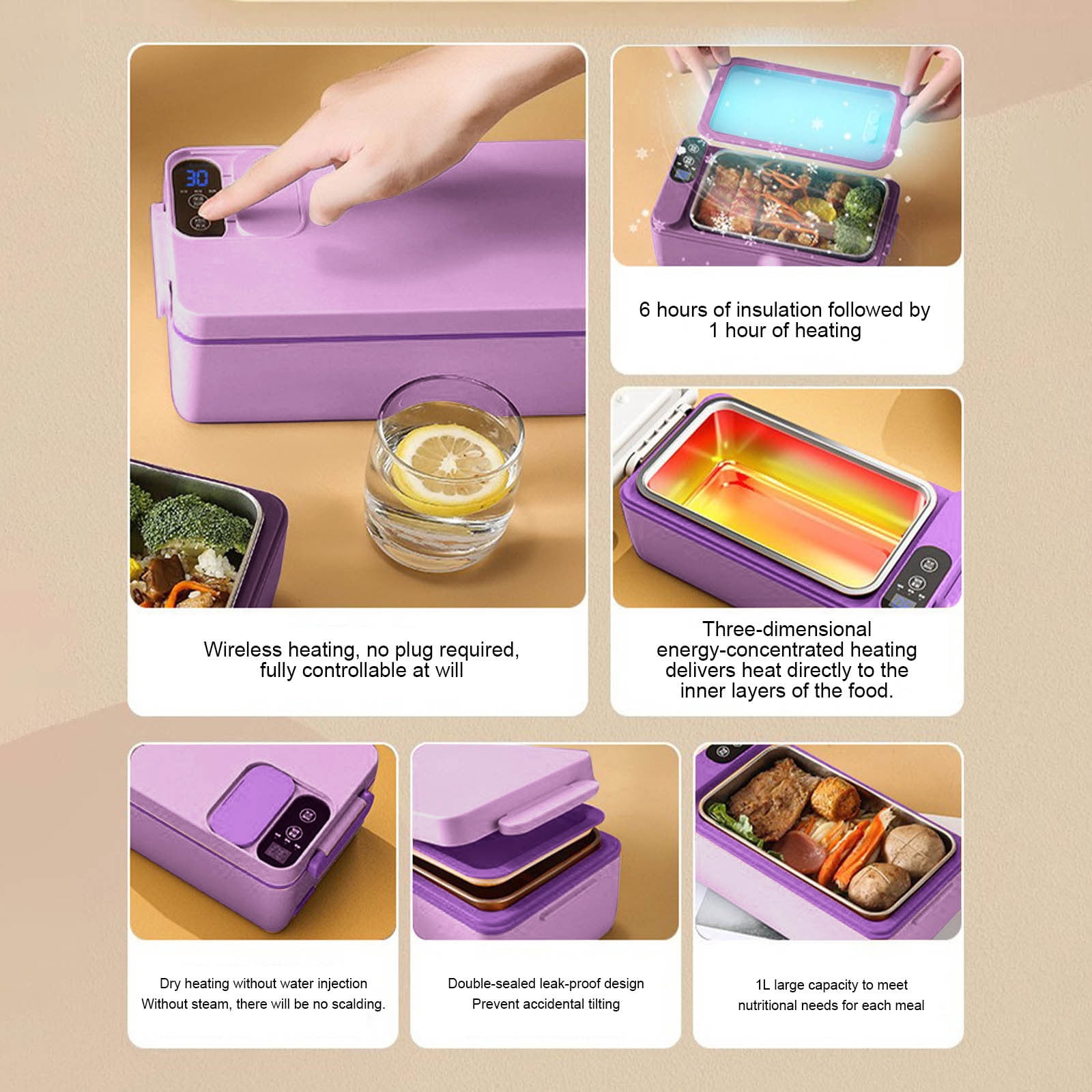Rechargeable Heated Lunch Box, 1000Ml/33.8Oz Inner Container, Usb Charging, 12000 Mah Battery, Heat Preservation, Stainless Steel, for Car/Truck, Office, Travel (Purple)