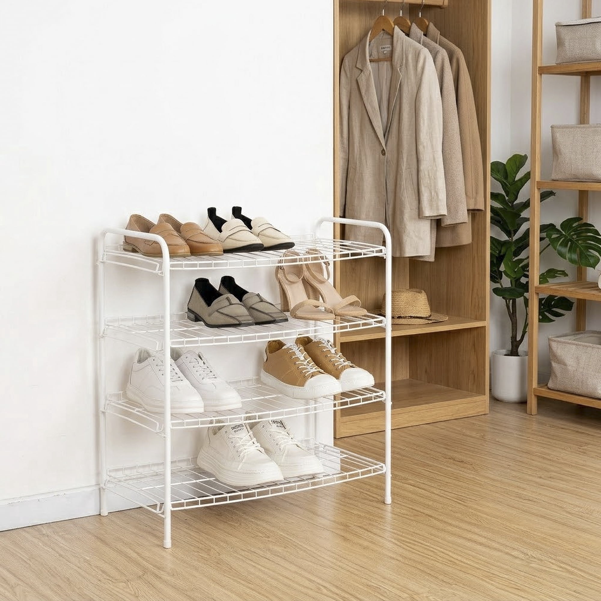 (2 pack) Mainstays Steel Wire Shoe Organizer, 4-Tiers, 12 Shoe Pair Capacity, Durable Shoe Rack, White