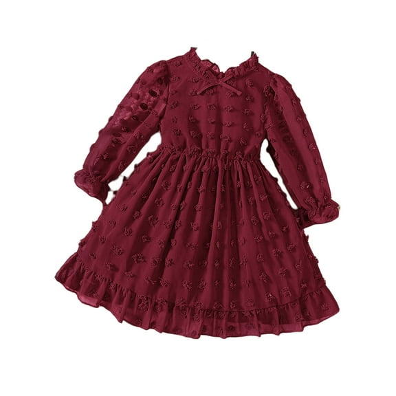 Jalioing Mesh Ruffle Dresses for Child Girl Spring Long Sleeve Flowy Skirts Dressy Cinch Waist Girls Dress (7-8 Years, Red)
