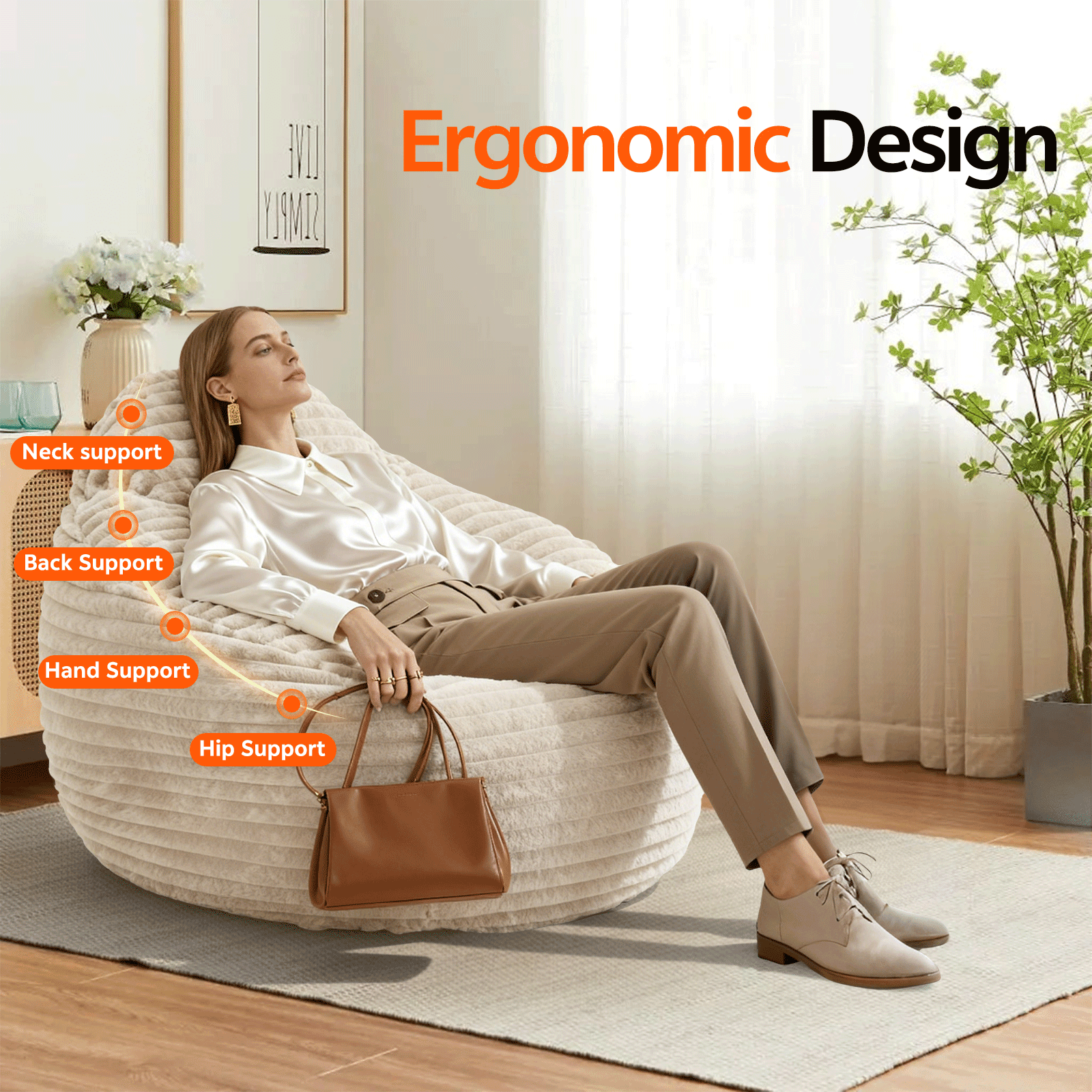 Oversized Bean Bag Chair, Beanbag for Adults, Comfy Refillable Single Sofa for Living Room, Bedroom, Dorm, Beige