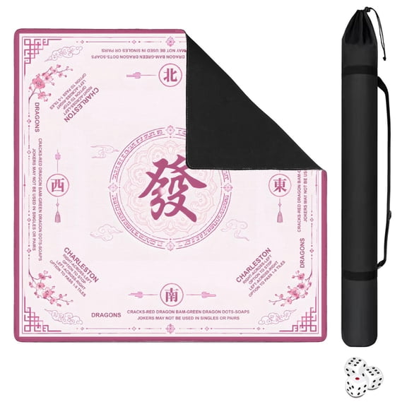 Mahjong Mat with Carrying Bag 31.5" x 31.5" Non-Slip Noise Reduction Pink Chinese Character Blossom Oriental Table Mat for Mahjong Poker Dominoes Card Board Tile Games