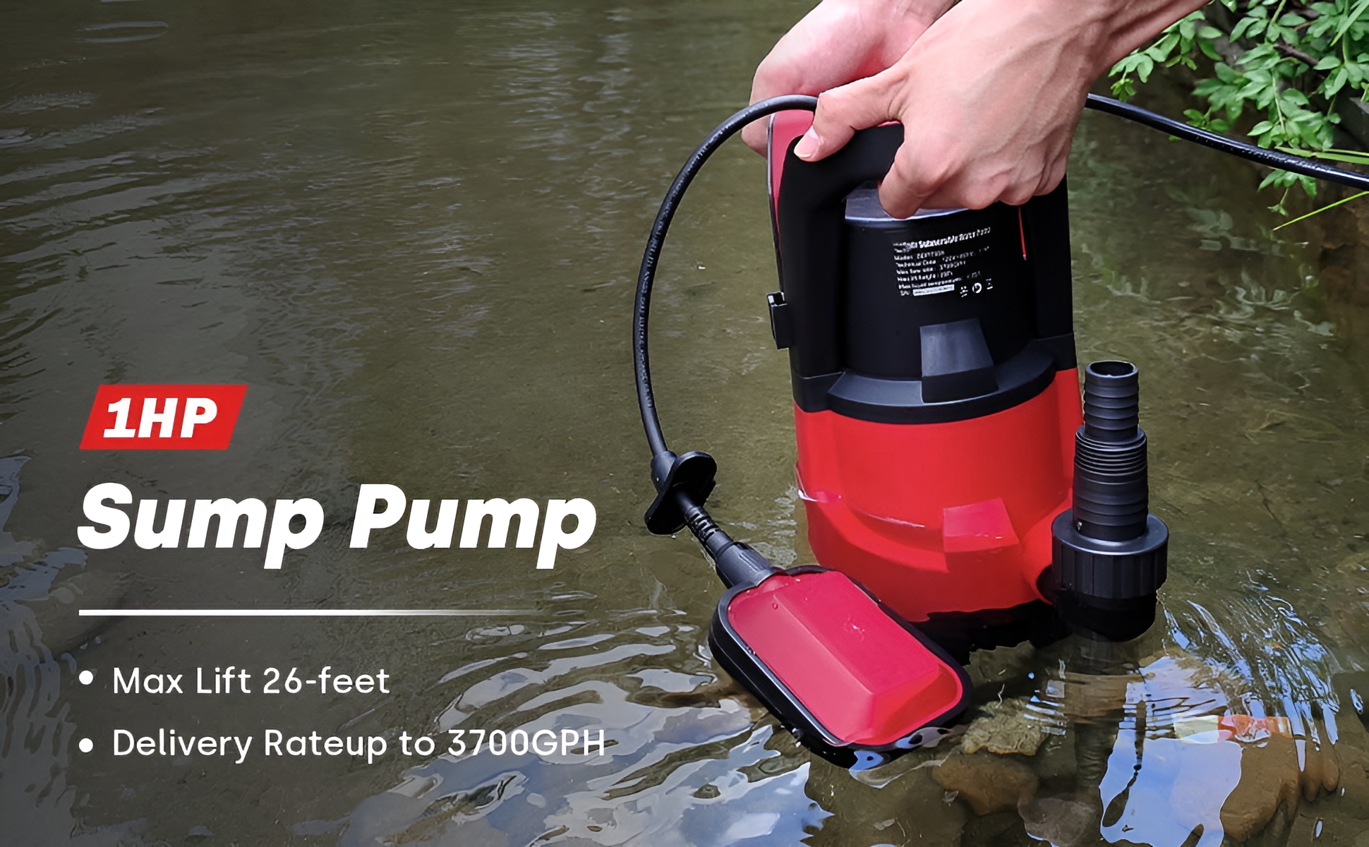 1HP Sump Pump with 3700GPH Automatic Float Switch, Submersible Electric Water Pump for Pool Draining