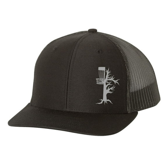 Disk Golf Tree Branch Chain Golfer Mens Embroidered Mesh Back Trucker Hat, Black/Black