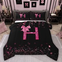 Manfei Personalized Initial Alphabet H 3 Pieces Queen Comforter Set for Teens Adults,Kawaii Ribbon Bowtie Ultra Soft Bedding Sets,Black Pink Bedding Comforter Set Breathable,Blingg Litter Home Decor