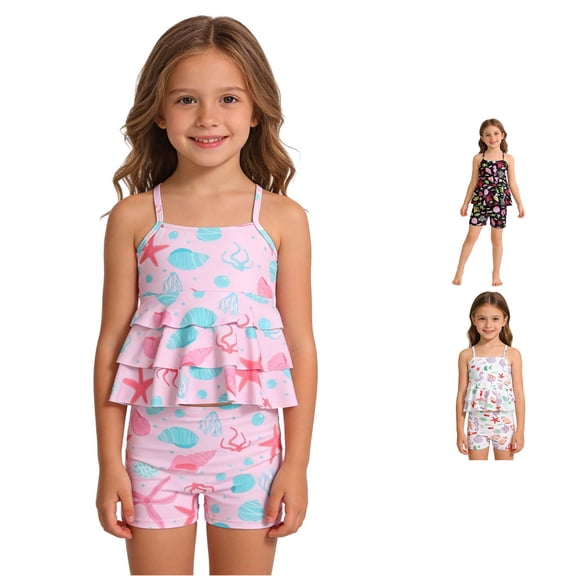 XIYON Toddler Kids Girls 2 Piece Swimsuit Sleeveless Suspenders Cartoon Print Tankini Top And Bottoms Comfortable Fashion Swimwear For Swimming Beach Pool,Pink,7Y