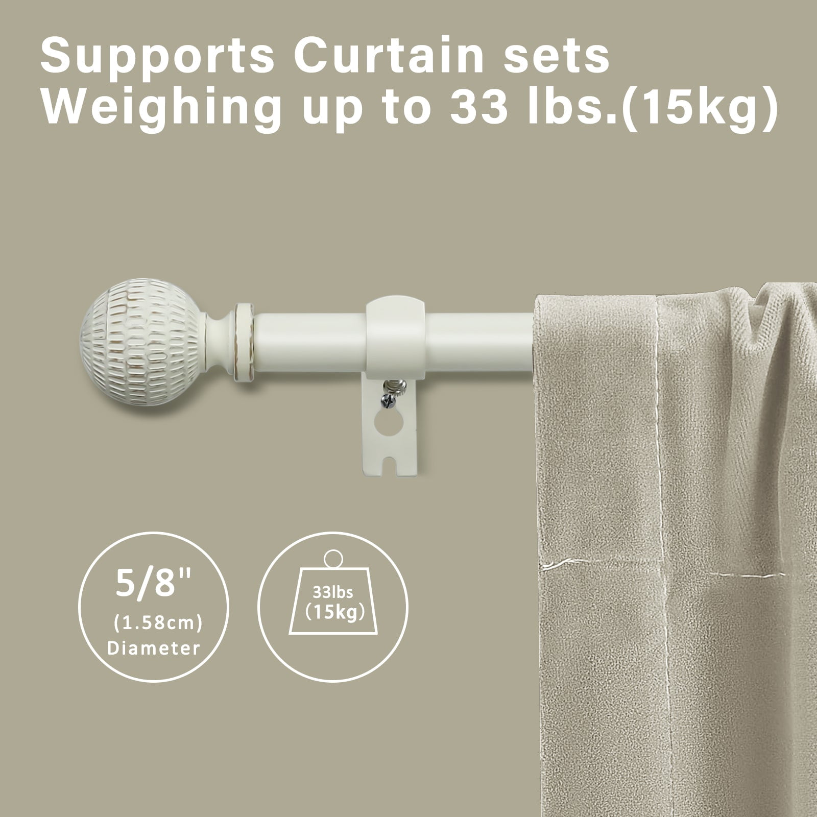 Ridicili 5/8" Single Telescoping Curtain Rod with Reticulated Ball Finials,Weathered White, 84"-120"