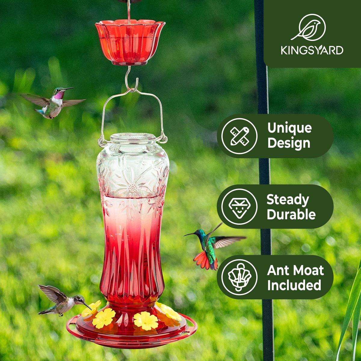 Kingsyard Hummingbird Feeder for Outdoors Hanging, 25 Ounces Leak Proof, Glass Humming Bird Nectar Feeder with Ant Moat & 6 Bee Guard Feeding Ports, Red Gradient