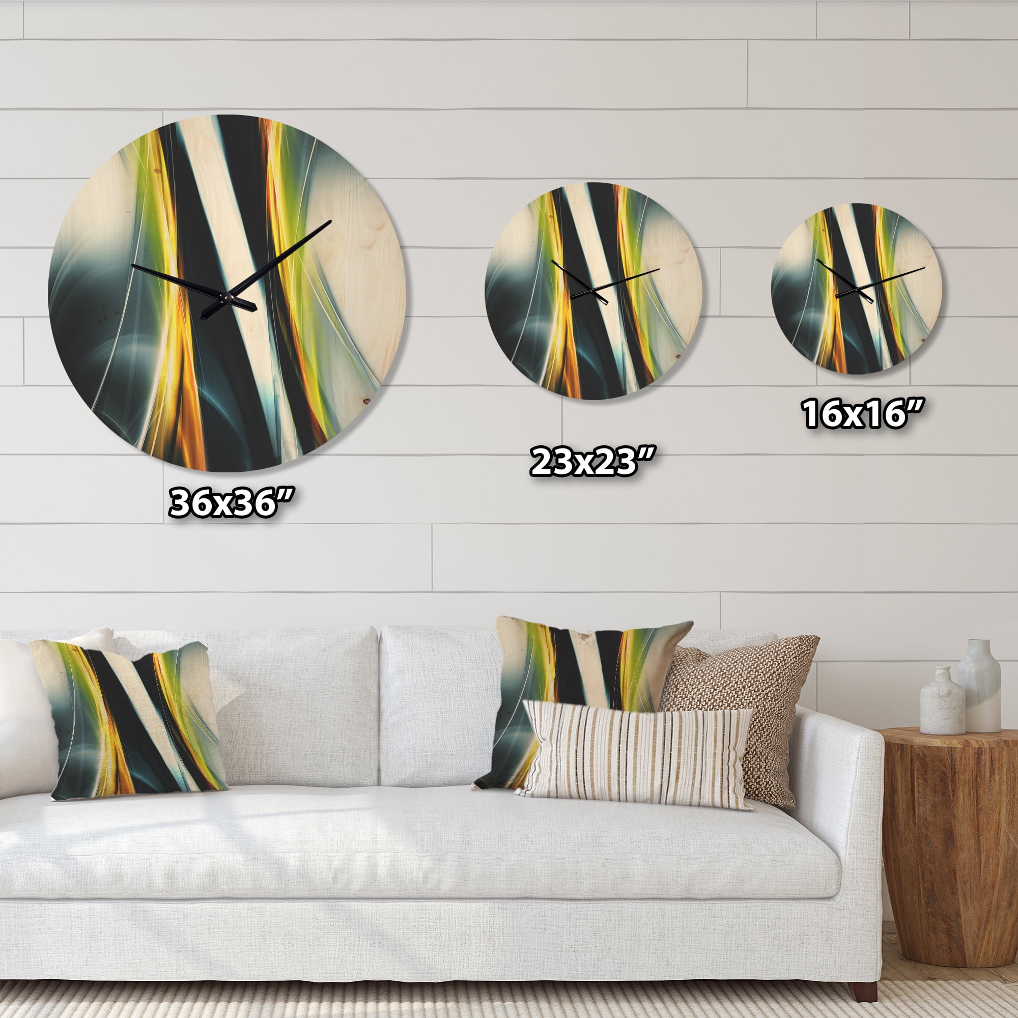 Designart 'Yellow White Fractal Lines' Modern Wood Wall Clock