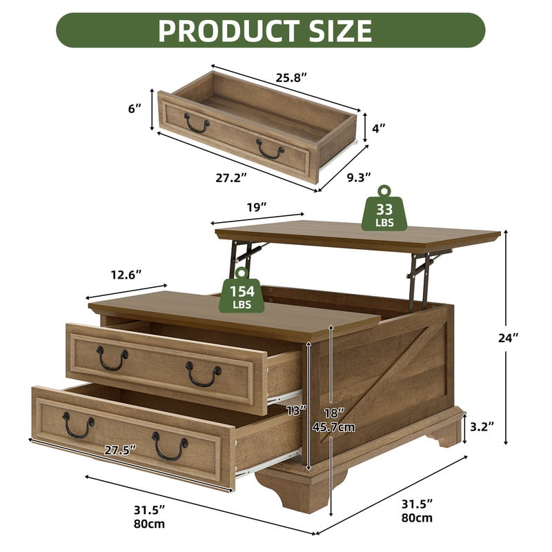 Uforic Farmhouse Lift Top Coffee Table with Storage, Square Center Dining Table with 2 Large Drawers, Rustic Brown
