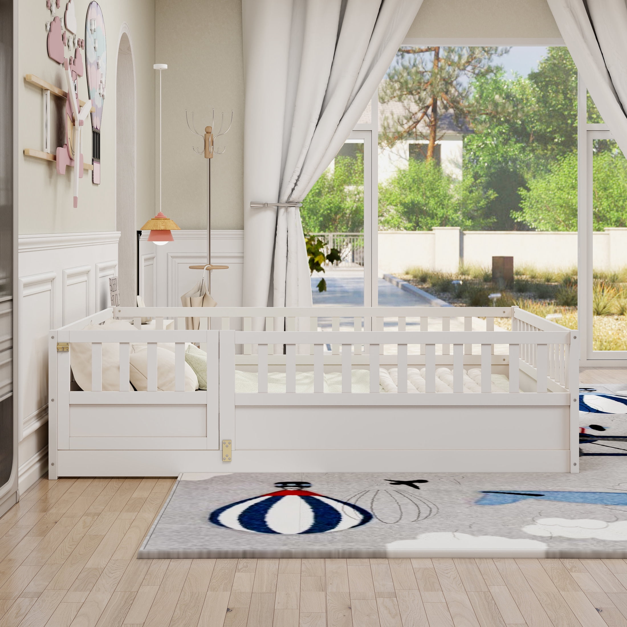 Noble House Full Size Montessori Floor Bed with Guardrails and Door, Wood Kids Bed Frame, White