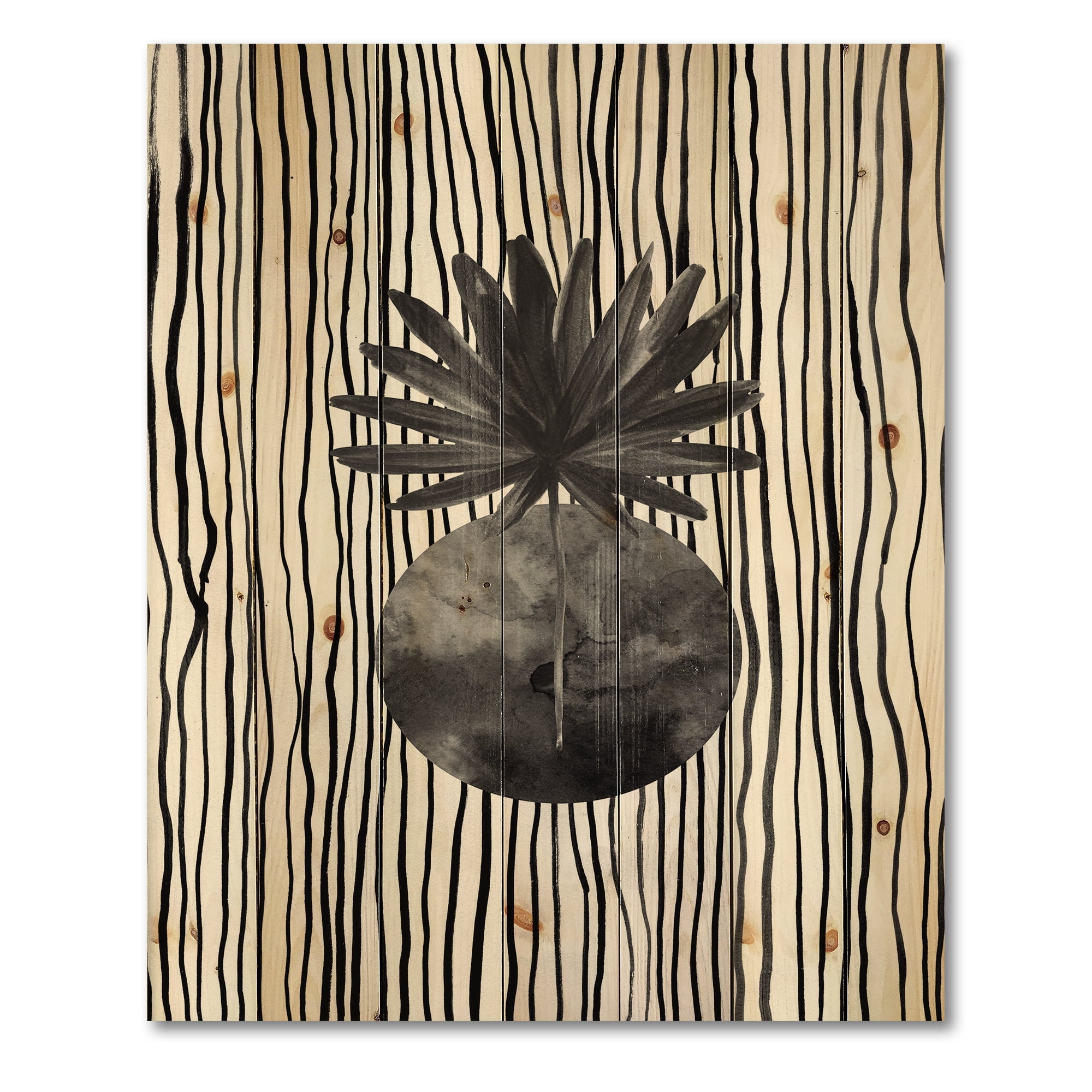 Designart 'Black and White Striped Under Tropical Leaf I' Modern Print on Natural Pine Wood