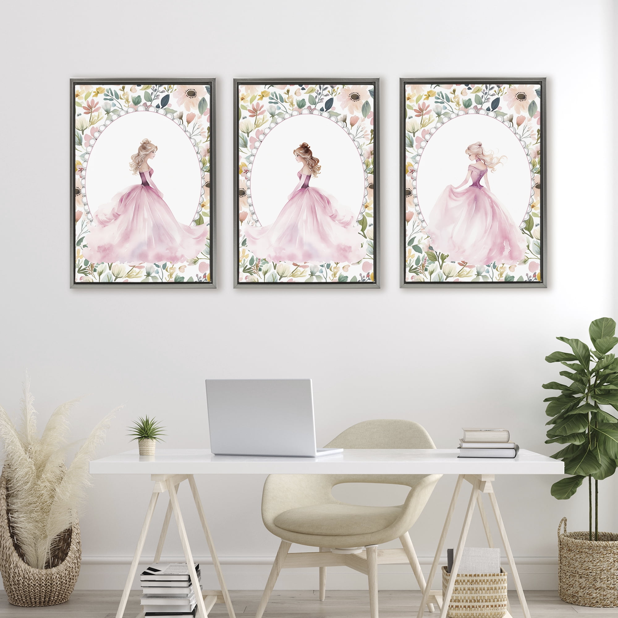 Stupell Industries Bordered Princess Love 3 Piece Gray Framed Floater Canvas Set, design by Christine Simpson Art