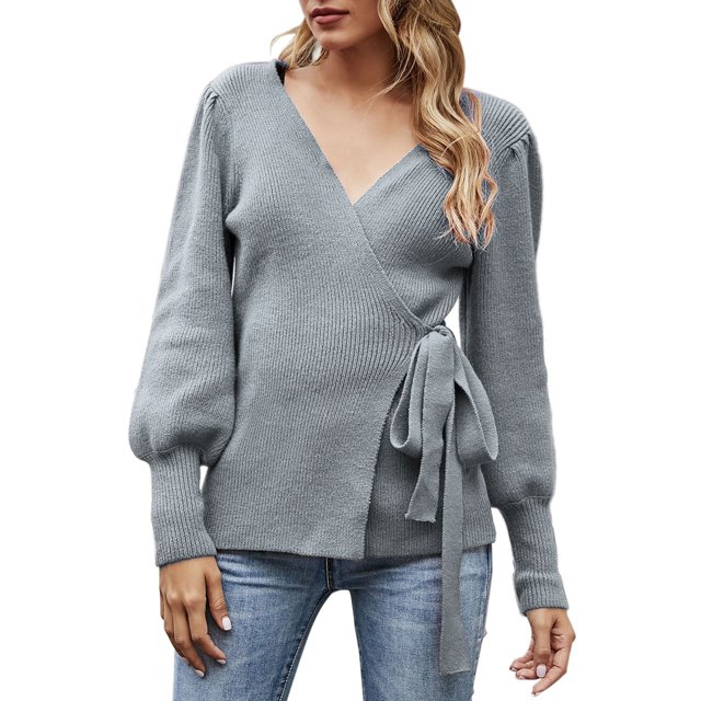 Prolriy Chandails pour Femmes, Chandail Cache-Cœur Col en V Automne Hiver Manches Ballon Tricoté Côtelé Chandail à Nouer devant Haut Jumper Chandails Femmes Hauts Femmes